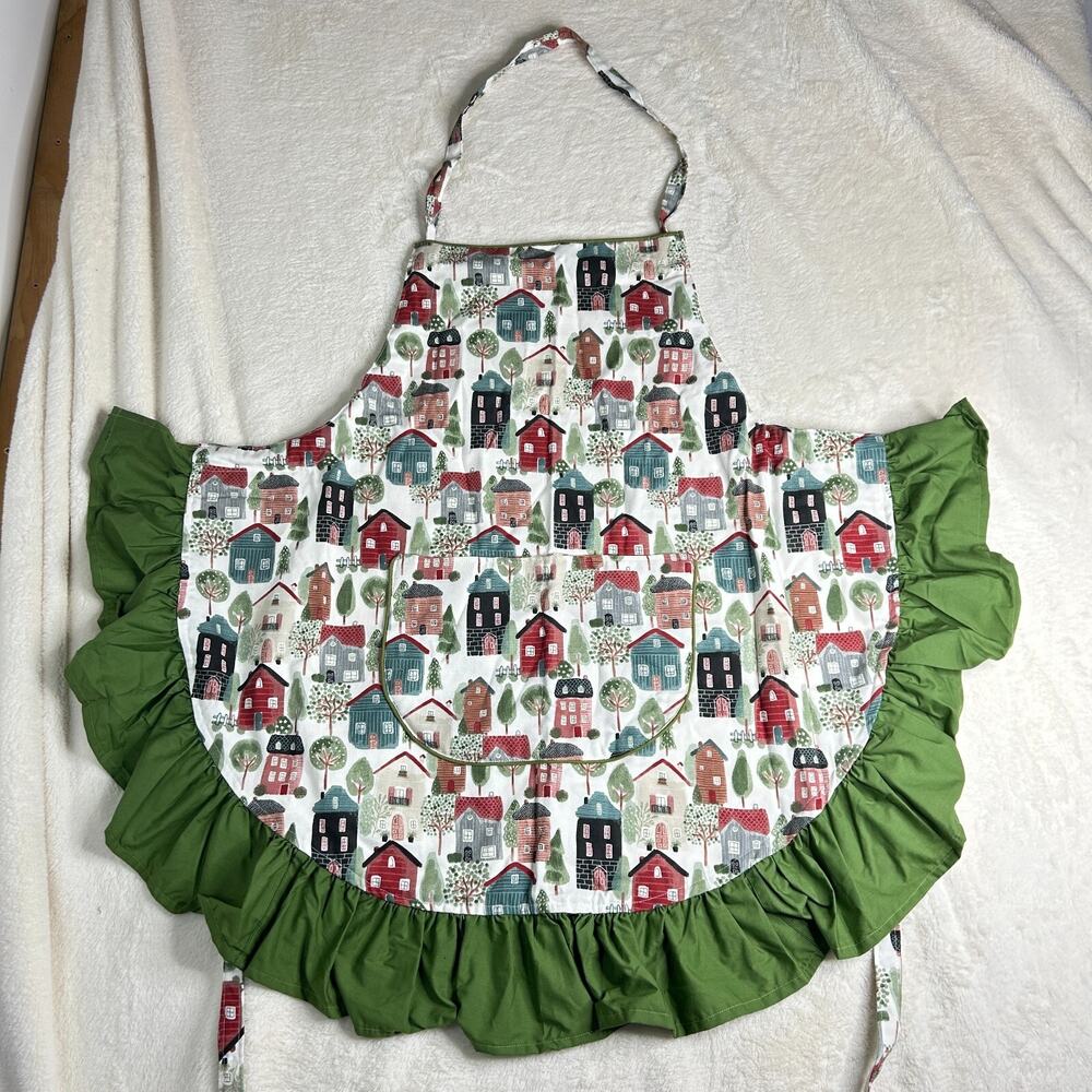Handmade Apron Village Neighborhood Tapestry with Pockets & Forest Green Frill